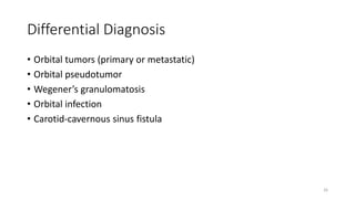 Differential Diagnosis
• Orbital tumors (primary or metastatic)
• Orbital pseudotumor
• Wegener’s granulomatosis
• Orbital infection
• Carotid-cavernous sinus fistula
26
 