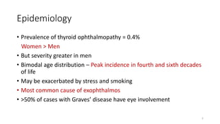 Epidemiology
• Prevalence of thyroid ophthalmopathy = 0.4%
Women > Men
• But severity greater in men
• Bimodal age distribution – Peak incidence in fourth and sixth decades
of life
• May be exacerbated by stress and smoking
• Most common cause of exophthalmos
• >50% of cases with Graves’ disease have eye involvement
3
 