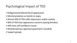 Psychological Impact of TED
• Disfigurement/altered facial appearance
• Misinterpretation as hostile or angry
• Almost 50% of TED suffer depression and/or anxiety
• 90% of TED have appearance concerns (young females)
• 44% have self-confidence issues
• Multidisciplinary approach (psychiatric included)
• Support groups
46
 