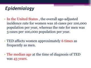 Epidemiology
• In the United States , the overall age-adjusted
incidence rate for women was 16 cases per 100,000
population per year, whereas the rate for men was
3 cases per 100,000 population per year.
• TED affects women approximately 6 times as
frequently as men.
• The median age at the time of diagnosis of TED
was 43 years.
 