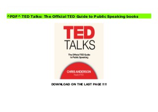 DOWNLOAD ON THE LAST PAGE !!!!
[#Download%] (Free Download) TED Talks: The Official TED Guide to Public Speaking File The inside secrets to giving a first-class presentation from the man who put TED talks on the world’s stage Amid today’s proliferating channels of instant communication, one singular skill has emerged as the most essential way to communicate: a brief, polished, live-audience video talk. Since taking over TED in the early 2000s, Chris Anderson has tapped the world’s most brilliant individuals to share their expertise. Anderson discovered early on that the key to getting an audience to sit up and pay attention is to condense a presentation into 18 minutes or less, and to heighten its impact with a powerful narrative. In other words, to tell a terrific story. TED Talks is chock full of personal presentation suggestions from such TED notables as Sir Ken Robinson, Mary Roach, Amy Cuddy, Bill Gates, Elizabeth Gilbert, Dan Gilbert, Matt Ridley, and dozens more — everything from how to distill your speech’s content to what you should wear on stage. This is a lively, fun read with great practical application from the man who knows what goes into a great speech. In TED Talks Anderson pulls back the TED curtain for anyone who wants to learn from the world’s best on how to prepare a top-notch presentation.
^PDF^ TED Talks: The Official TED Guide to Public Speaking books
 