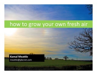 how to grow your own fresh air
      how to grow your own fresh air




      Kamal Meattle
      meattle@pbcnet.com


photo credit: Rhys Jones (http://flickr.com/photos/rhys400d/420425672/)
 
