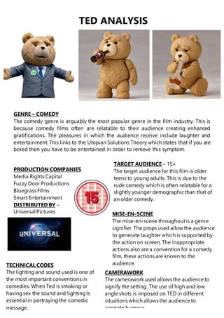 TED ANALYSIS
GENRE – COMEDY
The comedy genre is arguably the most popular genre in the film industry. This is
because comedy films often are relatable to their audience creating enhanced
gratifications. The pleasures in which the audience receive include laughter and
entertainment. This links to the Utopian Solutions Theory which states that if you are
bored then you have to be entertained in order to remove this symptom.
PRODUCTION COMPANIES
Media Rights Capital
Fuzzy Door Productions
Bluegrass Films
Smart Entertainment
DISTRIBUTED BY –
Universal Pictures
TARGET AUDIENCE – 15+
The target audience for this film is older
teens to young adults. This is due to the
rude comedy which is often relatable for a
slightly younger demographic than that of
an older comedy.
TECHNICAL CODES
The lightingand sound used is one of
the most important conventions in
comedies. When Ted is smoking or
havingsex the sound and lightingIs
essential in portrayingthe comedic
message.
MISE-EN-SCENE
The mise-en-scene throughoutis a genre
signifier. The props used allow the audience
to generate laughter which is supported by
the action on screen. The inappropriate
actions also are a convention for a comedy
film, these actions are known to the
audience.
CAMERAWORK
The cameraworkused allows the audience to
signify the setting. The use of high and low
angle shots is imposed on TED in different
situations which allows the audience to
connote humour
 