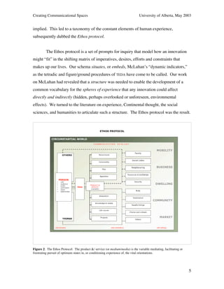 Creating Communicational Spaces University of Alberta, May 2003
5
implied. This led to a taxonomy of the constant elements of human experience,
subsequently dubbed the Ethos protocol.
The Ethos protocol is a set of prompts for inquiry that model how an innovation
might “fit” in the shifting matrix of imperatives, desires, efforts and constraints that
makes up our lives. Our schema situates, or embeds, McLuhan’s “dynamic indicators,”
as the tetradic and figure/ground procedures of TEDA have come to be called. Our work
on McLuhan had revealed that a structure was needed to enable the development of a
common vocabulary for the spheres of experience that any innovation could affect
directly and indirectly (hidden, perhaps overlooked or unforeseen, environmental
effects). We turned to the literature on experience, Continental thought, the social
sciences, and humanities to articulate such a structure. The Ethos protocol was the result.
Figure 2: The Ethos Protocol: The product &/ service (or medium/media) is the variable mediating, facilitating or
frustrating pursuit of optimum states in, or conditioning experience of, the vital orientations.
 