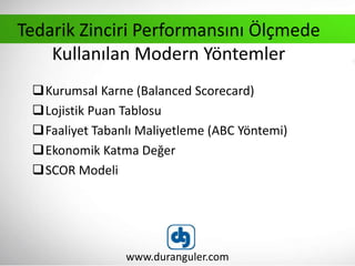Kurumsal Karne (Balanced Scorecard)
Lojistik Puan Tablosu
Faaliyet Tabanlı Maliyetleme (ABC Yöntemi)
Ekonomik Katma Değer
SCOR Modeli
www.duranguler.com
Tedarik Zinciri Performansını Ölçmede
Kullanılan Modern Yöntemler
 