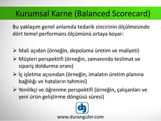 Bu yaklaşım genel anlamda tedarik zincirinin ölçülmesinde
dört temel performans ölçümünü ortaya koyar:
 Mali açıdan (örneğin, depolama üretim ve maliyeti)
 Müşteri perspektifi (örneğin, zamanında teslimat ve
sipariş doldurma oranı)
 İç işletme açısından (örneğin, imalatın üretim planına
bağlılığı ve hataların tahmini)
 Yenilikçi ve öğrenme perspektifi (örneğin, çalışanları ve
yeni ürün geliştirme döngüsü süresi)
www.duranguler.com
Kurumsal Karne (Balanced Scorecard)
 