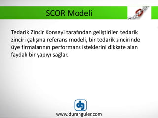 Tedarik Zincir Konseyi tarafından geliştirilen tedarik
zinciri çalışma referans modeli, bir tedarik zincirinde
üye firmalarının performans isteklerini dikkate alan
faydalı bir yapıyı sağlar.
www.duranguler.com
SCOR Modeli
 
