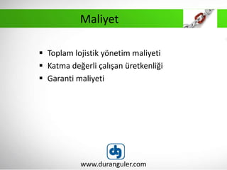  Toplam lojistik yönetim maliyeti
 Katma değerli çalışan üretkenliği
 Garanti maliyeti
www.duranguler.com
Maliyet
 