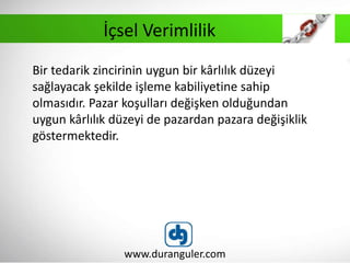 Bir tedarik zincirinin uygun bir kârlılık düzeyi
sağlayacak şekilde işleme kabiliyetine sahip
olmasıdır. Pazar koşulları değişken olduğundan
uygun kârlılık düzeyi de pazardan pazara değişiklik
göstermektedir.
www.duranguler.com
İçsel Verimlilik
 