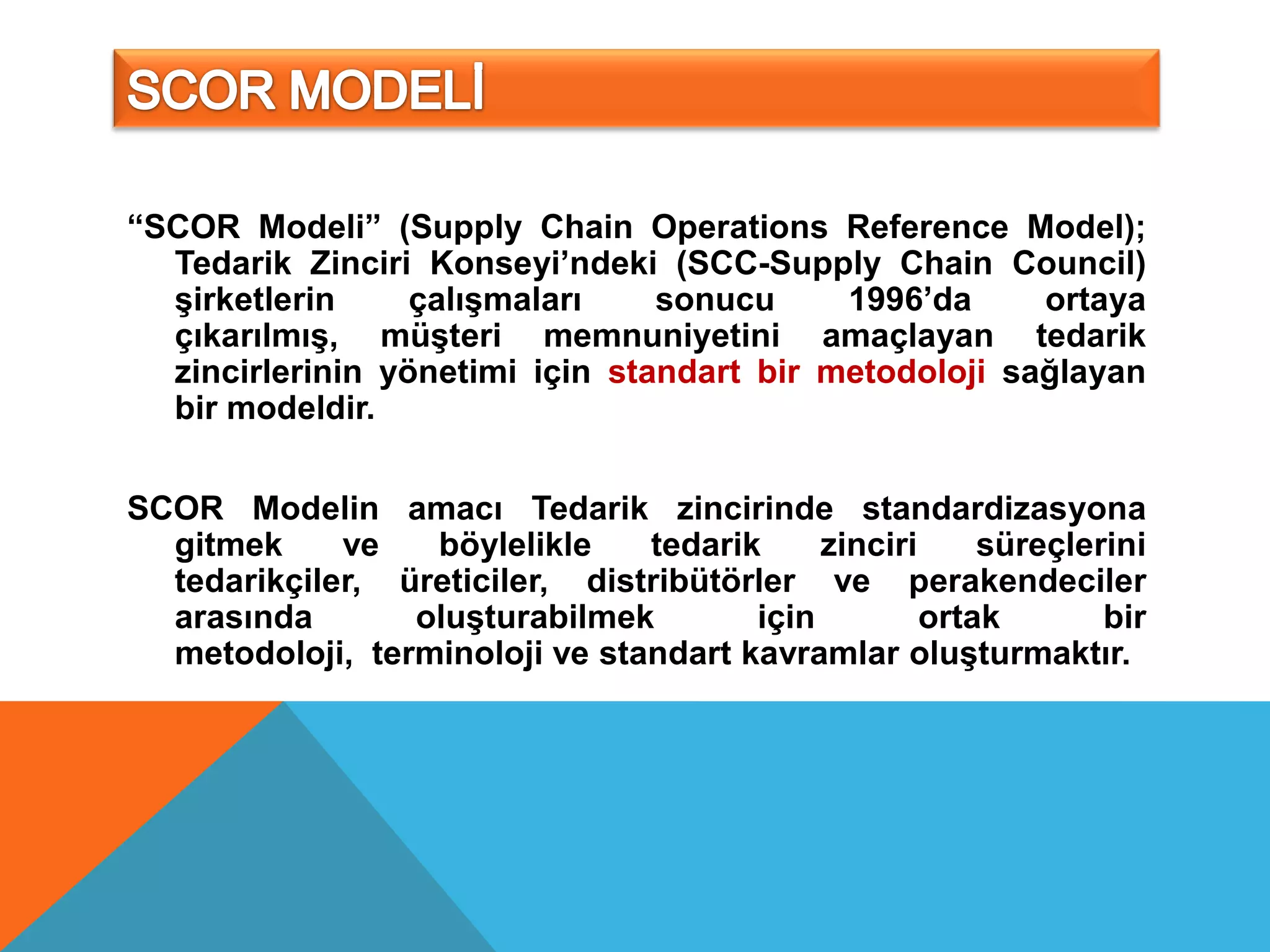 “SCOR Modeli” (Supply Chain Operations Reference Model);
  Tedarik Zinciri Konseyi’ndeki (SCC-Supply Chain Council)
  şirketlerin     çalışmaları    sonucu     1996’da     ortaya
  çıkarılmış, müşteri memnuniyetini amaçlayan tedarik
  zincirlerinin yönetimi için standart bir metodoloji sağlayan
  bir modeldir.


SCOR Modelin amacı Tedarik zincirinde standardizasyona
  gitmek     ve   böylelikle    tedarik     zinciri     süreçlerini
  tedarikçiler, üreticiler, distribütörler ve perakendeciler
  arasında       oluşturabilmek        için         ortak       bir
  metodoloji, terminoloji ve standart kavramlar oluşturmaktır.
 