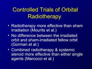 Controlled Trials of Orbital Radiotherapy  Radiotherapy more effective than sham irradiation (Mourits et al.) No difference between the irradiated orbit and sham-irradiated fellow orbit (Gorman et al.) Combined radiotherapy & systemic steroid more effective than either single agents (Marcocci et al.) 