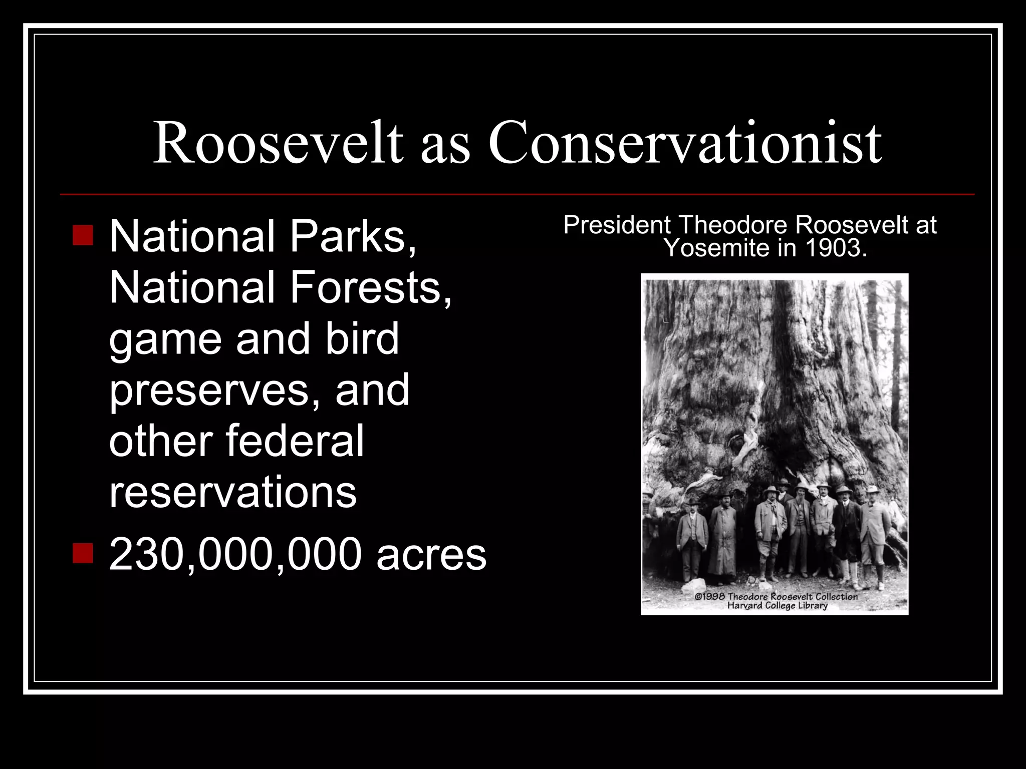 Roosevelt as Conservationist National Parks, National Forests, game and bird preserves, and other federal reservations  230,000,000 acres President Theodore Roosevelt at Yosemite in 1903.  