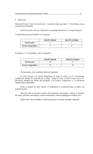 Test Exploratorio de Dislexia Específica, TEDE -41
• Caso nº 3:
Niños de 10 años 3 meses de nivel socio – económico bajo, que repite 3º Año Básico en una
escuela fiscal suburbana.
En Nivel Lector y Errores Específicos, los puntajes fueron 35 y 53 respectivamente.
La transformación en percentiles es la siguiente:
SEGÚN EDAD SEGÚN CURSO
Nivel Lector 2 1
Errores Específicos 2 8
En puntajes T los resultados son los siguientes:
SEGÚN EDAD SEGÚN CURSO
Nivel Lector 29 27
Errores Específicos 29 36
Técnicamente, estos resultados indican lo siguiente:
En Nivel Lector y en Errores Específicos, el sujeto se ubica a un 2,1 desviaciones
standard por debajo del promedio de su edad. Según el curso, en Nivel Lector está a 2,3
desviación standard por debajo del promedio y en Errores Específicos a 1,4 desviación
standard bajo el promedio.
Como se deduce de estos valores, el rendimiento es insuficiente para su edad y de
acuerdo al curso.
Para este niño es necesario realizar otros exámenes que puedan explicar el trastorno
del sujeto. (Examen psicológico, examen neurológico, examen pedagógico completo, etc.)
Según todos estos resultados se podrá programar una terapia remedial adecuada.
 