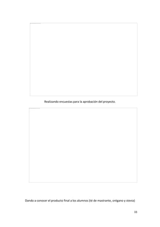 Realizando encuestas para la aprobación del proyecto.

Dando a conocer el producto final a los alumnos (té de mastrante, orégano y stevia)

33

 