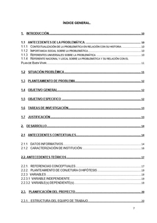 ÍNDICE GENERAL.
1. INTRODUCCIÓN. .................................................................................................................... 10
1.1
ANTECEDENTES DE LA PROBLEMÁTICA. ................................................................. 10
1.1.1 CONTEXTUALIZACIÓN DE LA PROBLEMÁTICA EN RELACIÓN CON SU HISTORIA. ..........................10
1.1.2 IMPORTANCIA SOCIAL SOBRE LA PROBLEMÁTICA. ............................................................... 10
1.1.3 REFERENTES UNIVERSALES SOBRE LA PROBLEMÁTICA. ..................................................... 10
1.1.4 REFERENTE NACIONAL Y LOCAL SOBRE LA PROBLEMÁTICA Y SU RELACIÓN CON EL
PLAN DE BUEN VIVIR. ................................................................................................................. 11
1.2 SITUACIÓN PROBLÉMICA.................................................................................................. 11
1.3 PLANTEAMIENTO DE PROBLEMA.................................................................................... 12
1.4 OBJETIVO ESPECIFICO GENERAL ................................................................................... 12
1.5 OBJETIVO ESPECIFICO ..................................................................................................... 12
1.6 TAREAS DE INVESTIGACIÓN ......................................... ERROR! BOOKMARK NOT DEFINED.3
1.7 JUSTIFICACIÓN ................................................................ ERROR! BOOKMARK NOT DEFINED.3
2. DESARROLLO ..................................................................... ERROR! BOOKMARK NOT DEFINED.4
2.1 ANTECEDENTES CONTEXTUALES ............................... ERROR! BOOKMARK NOT DEFINED.4
2.1.1 DATOS INFORMATIVOS ............................................ ERROR! BOOKMARK NOT DEFINED.4
2.1.2 CARACTERIZACIÓN DE INSTITUCIÓN: .................... ERROR! BOOKMARK NOT DEFINED.6
2.2. ANTECEDENTES TEÓRICOS ............................................ ERROR! BOOKMARK NOT DEFINED.7
2.2.1. REFERENCIAS CONCEPTUALES ............................. ERROR! BOOKMARK NOT DEFINED.7
2.2.2. PLANTEAMIENTO DE CONJETURA O HIPÓTESIS ..................................................... 19
2.2.3 VARIABLES ................................................................................................................... 19
2.2.3.1 VARIABLE INDEPENDIENTE...................................................................................................19
2.2.3.2 VARIABLE(S) DEPENDIENTE(S) .............................................................................................19
2.3. PLANIFICACIÓN DEL PROYECTO .................................................................................... 20
2.3.1. ESTRUCTURA DEL EQUIPO DE TRABAJO .................................................................. 20
2.3.2. DESCRIPCION DE ROLES ............................................................................................ 20
7

 
