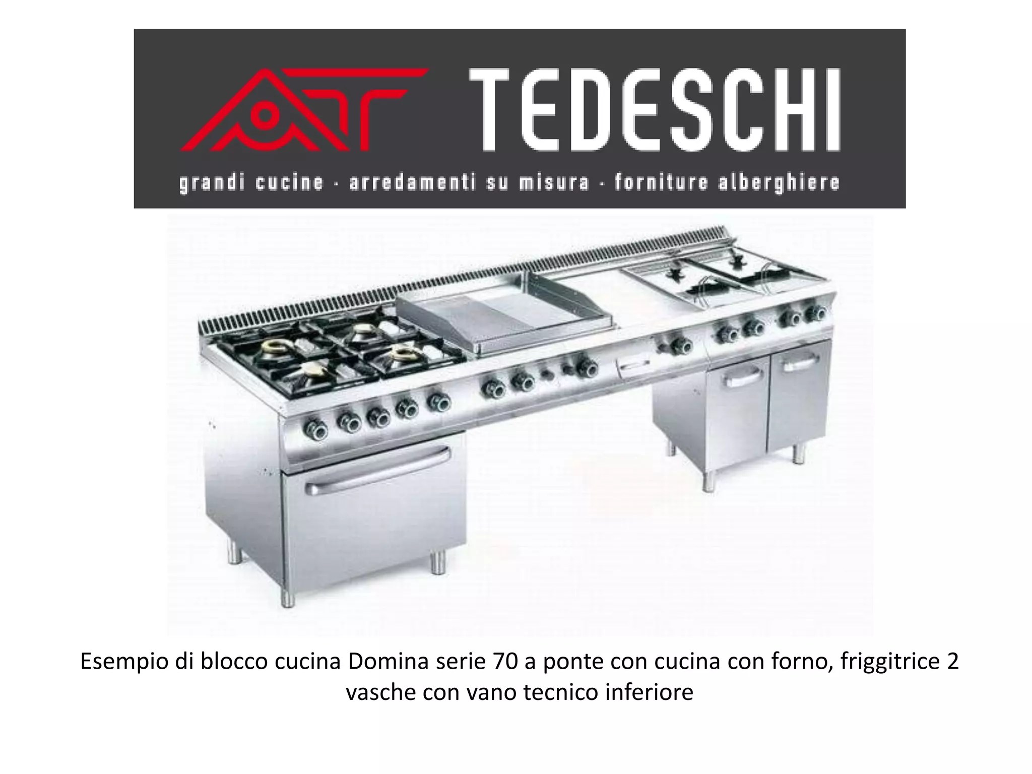 Esempio di blocco cucina Domina serie 70 a ponte con cucina con forno, friggitrice 2
                         vasche con vano tecnico inferiore
 