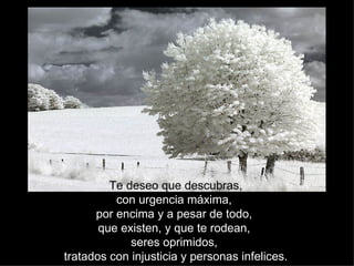 Te deseo que descubras,
          con urgencia máxima,
      por encima y a pesar de todo,
       que existen, y que te rodean,
             seres oprimidos,
tratados con injusticia y personas infelices.
 