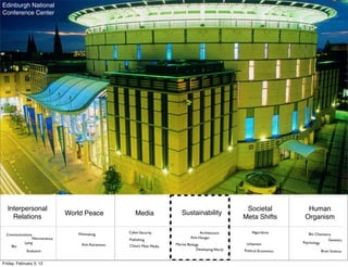 Edinburgh National
Conference Center




  Interpersonal                                                                                          Societal               Human
                               World Peace             Media                Sustainability
    Relations                                                                                           Meta Shifts            Organism

                                  Filmmaking        Cyber-Security                     Architecture         Algorithms           Bio Chemistry
  Communications
                Neuroscience                                                     Anti-Hunger
                                                    Publishing                                                                                 Genetics
           Lying                                                         Marine Biology                  Urbanism             Psychology
    Bio                            Anti-Extremism   China’s Mass Media
             Evolution                                                               Developing World   Political Economics                Brain Science


Friday, February 3, 12
 