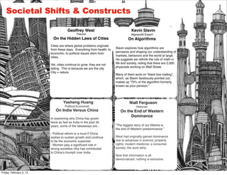 Societal Shifts & Constructs

                                     Geoffrey West                                Kevin Slavin
                                            Theorist                              Algoworld Expert
                           On the Hidden Laws of Cities                         On Algorithms
                         Cities are where global problems originate
                                                                       Slavin explores how algorithms are
                         from these days. Everything from health, to
                                                                       pervasive and shaping our understanding of
                         economic, to political issues stem from
                                                                       markets, behaviors and the world at large,
                         cities.
                                                                       He suggests we rethink the role of math in
                                                                       life and society, noting that there are 2,000
                         Yet, cities continue to grow; they are not
                                                                       physicists working on Wall Street.
                         failing. This is because we are the city.
                         City = nature.
                                                                       Many of them work on “black box trading”,
                                                                       which, as Slavin facetiously pointed out,
                                                                       makes up “70% of the algorithm formerly
                                                                       known as your pension.”




                                  Yasheng Huang                                  Niall Ferguson
                                   Political Economist                                Historian
                            On India Versus China                         On the End of Western
                                                                               Dominance
                         In examining why China has grown
                         twice as fast as India in the past 30
                         years, some of the takeaways are...           “The biggest story of our lifetime is
                                                                       the end of Western predominance.”
                         - Political reform is a must if China
                         wishes to sustain growth and continue         West had originally gained dominance
                         to be the economic superstar                  due to advances in science; property
                         - Women play a signiﬁcant role in             rights; modern medicine; a consumer
                         strong societies--this has contributed        society; the work ethic.
                         to China’s triumph over India.
                                                                       Now that information is all
                                                                       democratized, nothing is exclusive.



Friday, February 3, 12
 