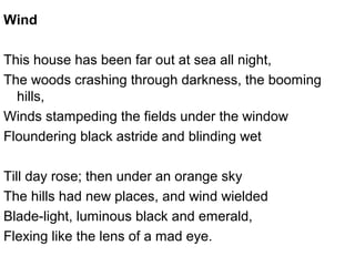 Wind
This house has been far out at sea all night,
The woods crashing through darkness, the booming
hills,
Winds stampeding the fields under the window
Floundering black astride and blinding wet
Till day rose; then under an orange sky
The hills had new places, and wind wielded
Blade-light, luminous black and emerald,
Flexing like the lens of a mad eye.
 
