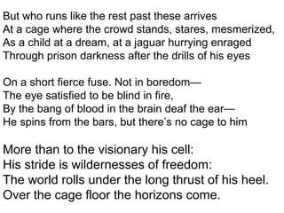 But who runs like the rest past these arrives
At a cage where the crowd stands, stares, mesmerized,
As a child at a dream, at a jaguar hurrying enraged
Through prison darkness after the drills of his eyes
On a short fierce fuse. Not in boredom—
The eye satisfied to be blind in fire,
By the bang of blood in the brain deaf the ear—
He spins from the bars, but there’s no cage to him
More than to the visionary his cell:
His stride is wildernesses of freedom:
The world rolls under the long thrust of his heel.
Over the cage floor the horizons come.
 