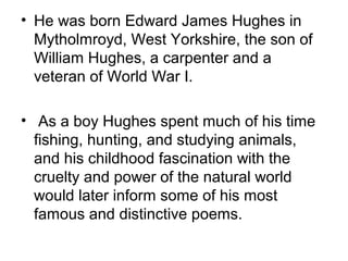 • He was born Edward James Hughes in
Mytholmroyd, West Yorkshire, the son of
William Hughes, a carpenter and a
veteran of World War I.
• As a boy Hughes spent much of his time
fishing, hunting, and studying animals,
and his childhood fascination with the
cruelty and power of the natural world
would later inform some of his most
famous and distinctive poems.
 