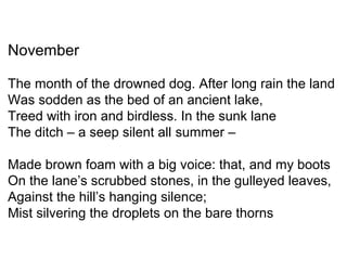 November
The month of the drowned dog. After long rain the land
Was sodden as the bed of an ancient lake,
Treed with iron and birdless. In the sunk lane
The ditch – a seep silent all summer –
Made brown foam with a big voice: that, and my boots
On the lane’s scrubbed stones, in the gulleyed leaves,
Against the hill’s hanging silence;
Mist silvering the droplets on the bare thorns
 