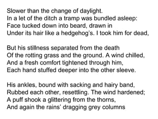 Slower than the change of daylight.
In a let of the ditch a tramp was bundled asleep:
Face tucked down into beard, drawn in
Under its hair like a hedgehog’s. I took him for dead,
But his stillness separated from the death
Of the rotting grass and the ground. A wind chilled,
And a fresh comfort tightened through him,
Each hand stuffed deeper into the other sleeve.
His ankles, bound with sacking and hairy band,
Rubbed each other, resettling. The wind hardened;
A puff shook a glittering from the thorns,
And again the rains’ dragging grey columns
 