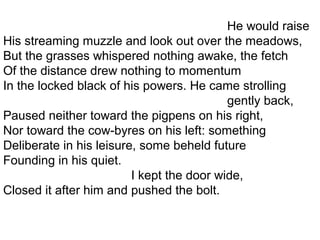 He would raise
His streaming muzzle and look out over the meadows,
But the grasses whispered nothing awake, the fetch
Of the distance drew nothing to momentum
In the locked black of his powers. He came strolling
gently back,
Paused neither toward the pigpens on his right,
Nor toward the cow-byres on his left: something
Deliberate in his leisure, some beheld future
Founding in his quiet.
I kept the door wide,
Closed it after him and pushed the bolt.
 