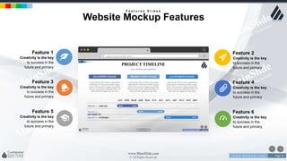 w w w . D o m a i n . c o m Page 24
www.MainSlide.com
© All Rights Reserved.
Confidential
www.yourdomain.com
Creativity is the key
to success in the
future and primary
Feature 3
Creativity is the key
to success in the
future and primary
Feature 4
Creativity is the key
to success in the
future and primary
Feature 5
Creativity is the key
to success in the
future and primary
Feature 6
Creativity is the key
to success in the
future and primary
Feature 1
Creativity is the key
to success in the
future and primary
Feature 2
F e a t u r e s S l i d e s
Website Mockup Features
 