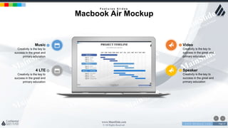w w w . D o m a i n . c o m Page 27
www.MainSlide.com
© All Rights Reserved.
Confidential
4 LTE
Creativity is the key to
success in the great and
primary education
Speaker
Creativity is the key to
success in the great and
primary education
Music
Creativity is the key to
success in the great and
primary education
Video
Creativity is the key to
success in the great and
primary education
F e a t u r e s S l i d e s
Macbook Air Mockup
 