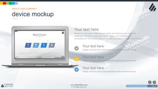 w w w . D o m a i n . c o m Page 35
www.MainSlide.com
© All Rights Reserved.
Confidential
Your text here
Integer posuere erat a ante venenatis dapibus Aenean lacinia
Your text here
Integer posuere erat a ante venenatis dapibus Aenean lacinia
Your text here
Integer posuere erat a ante venenatis dapibus Aenean lacinia
Your text here
Aenean eu leo quam. Pellentesque ornare sem lacinia quam venenatis
vestibulum. Praesent commodo cursus magna, vel scelerisque nisl
consectetur et. Cum sociis natoque penatibus et magnis dis parturient montes.
device mockup
ABOUT OUR COMPANY
 