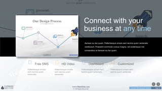 w w w . D o m a i n . c o m Page 41
www.MainSlide.com
© All Rights Reserved.
Confidential
Connect with your
business at any time
Aenean eu leo quam. Pellentesque ornare sem lacinia quam venenatis
vestibulum. Praesent commodo cursus magna, vel scelerisque nisl
consectetur et Aenean eu leo quam.
Free SMS
Pellentesque ornare
sem lacinia quam
venenatis
HD Video
Pellentesque ornare
sem lacinia quam
venenatis
Dashboard
Pellentesque ornare sem
lacinia quam venenatis
Customized
Pellentesque ornare sem
lacinia quam venenatis
 