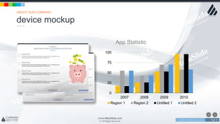 w w w . D o m a i n . c o m Page 43
www.MainSlide.com
© All Rights Reserved.
Confidential
App Statistic
device mockup
ABOUT OUR COMPANY
0
25
50
75
100
2007 2008 2009 2010
Region 1 Region 2 Untitled 1 Untitled 2
 