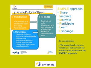 As a conclusion,
e-Twinning has become a
complex social network for
teachers who are keen to the
SIMPLE approach.
 