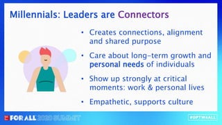Millennials: Leaders are Connectors
• Creates connections, alignment
and shared purpose
• Care about long-term growth and
personal needs of individuals
• Show up strongly at critical
moments: work & personal lives
• Empathetic, supports culture
 
