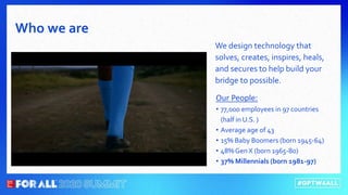 We design technology that
solves, creates, inspires, heals,
and secures to help build your
bridge to possible.
Who we are
Our People:
• 77,000 employees in 97 countries
(half in U.S. )
• Average age of 43
• 15% Baby Boomers (born 1945-64)
• 48% Gen X (born 1965-80)
• 37% Millennials (born 1981-97)
 