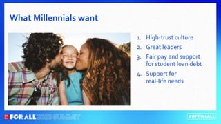 1. High-trust culture
2. Great leaders
3. Fair pay and support
for student loan debt
4. Support for
real-life needs
What Millennials want
 