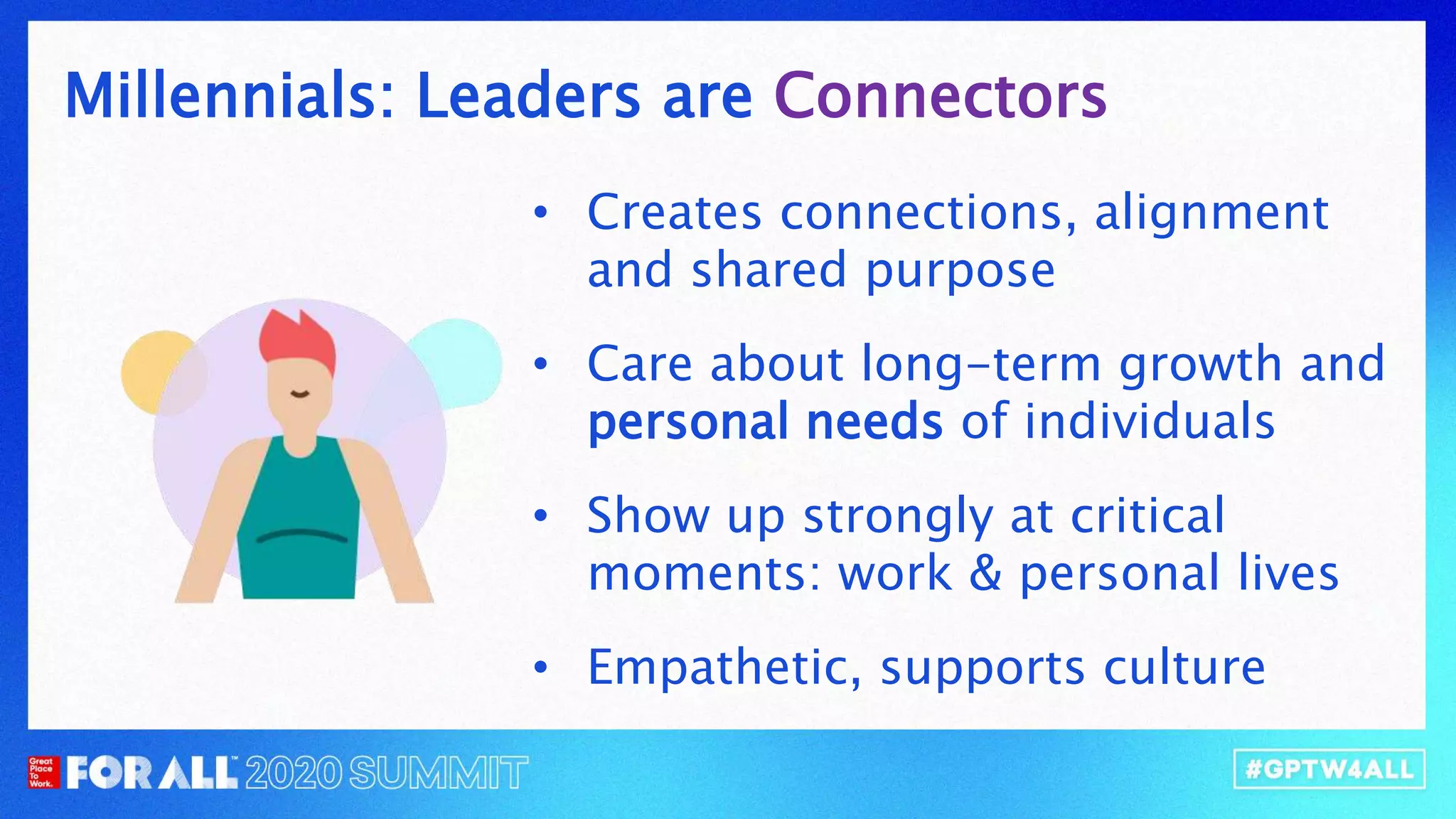 Millennials: Leaders are Connectors
• Creates connections, alignment
and shared purpose
• Care about long-term growth and
personal needs of individuals
• Show up strongly at critical
moments: work & personal lives
• Empathetic, supports culture
 