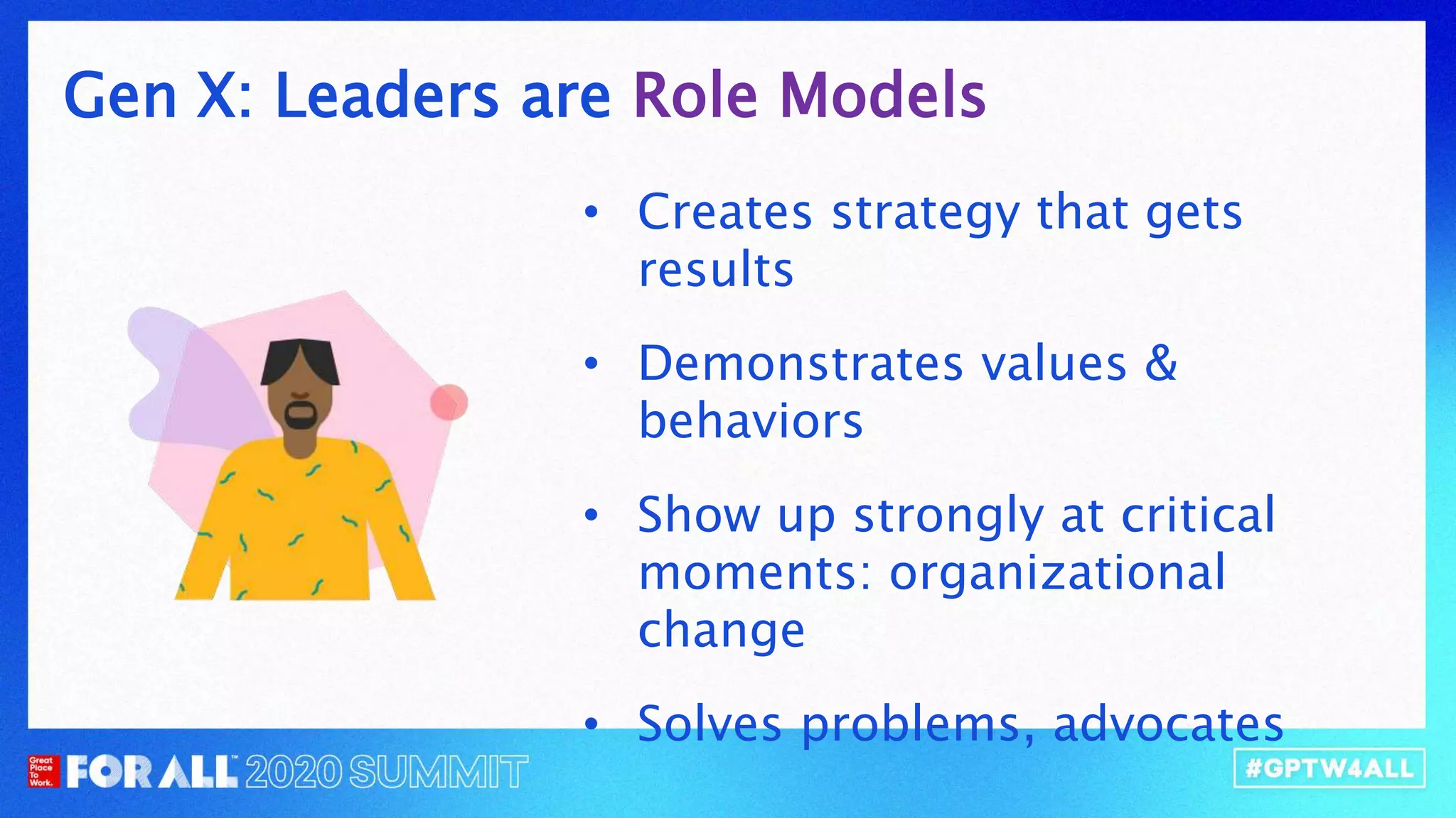 Gen X: Leaders are Role Models
• Creates strategy that gets
results
• Demonstrates values &
behaviors
• Show up strongly at critical
moments: organizational
change
• Solves problems, advocates
 