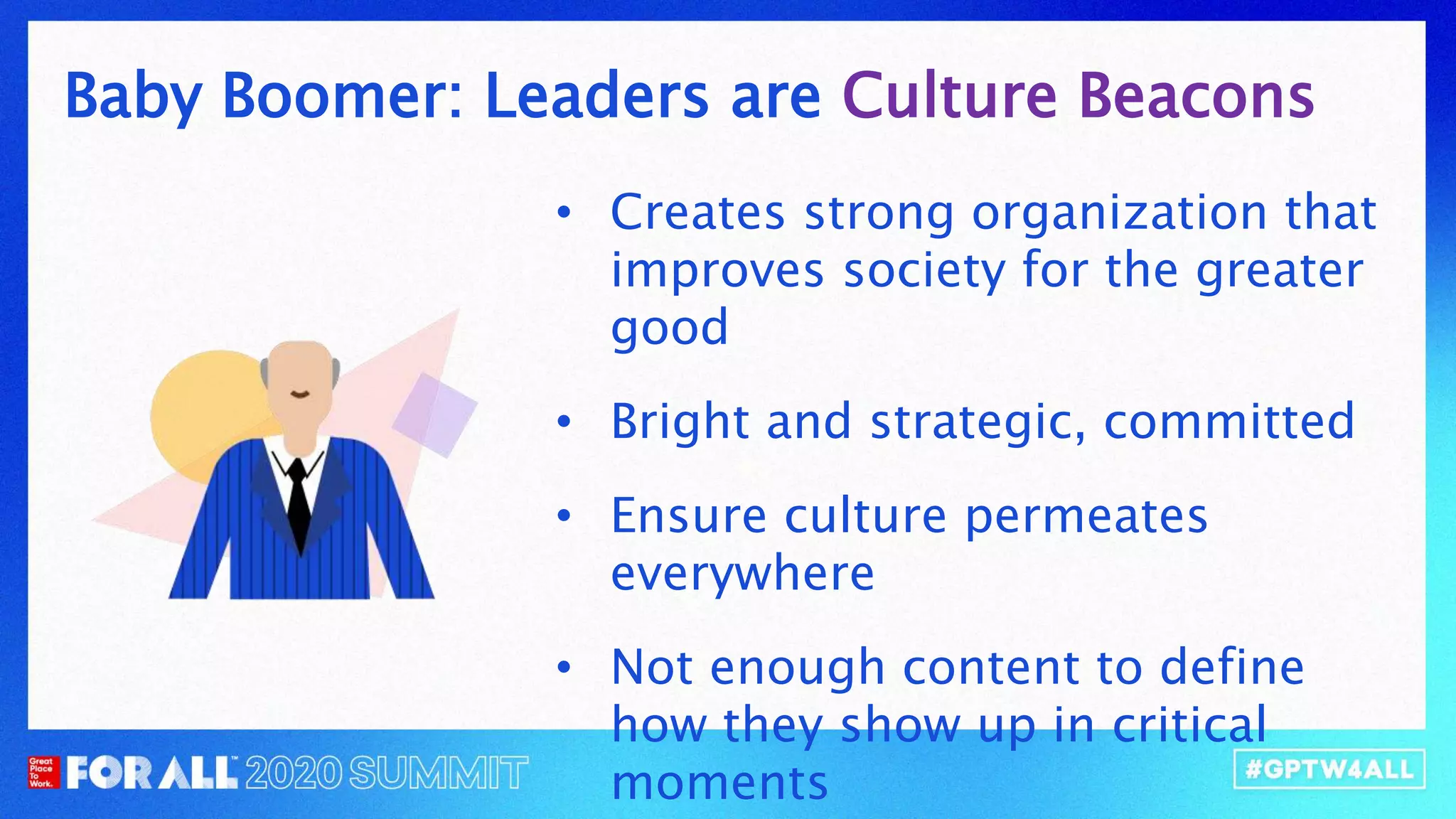 Baby Boomer: Leaders are Culture Beacons
• Creates strong organization that
improves society for the greater
good
• Bright and strategic, committed
• Ensure culture permeates
everywhere
• Not enough content to define
how they show up in critical
moments
 