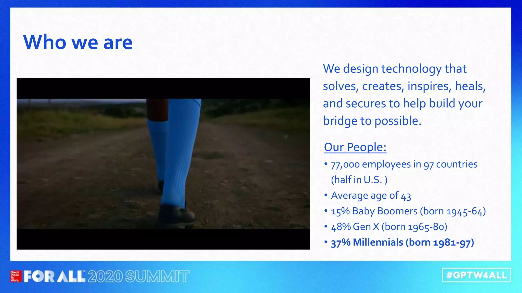 We design technology that
solves, creates, inspires, heals,
and secures to help build your
bridge to possible.
Who we are
Our People:
• 77,000 employees in 97 countries
(half in U.S. )
• Average age of 43
• 15% Baby Boomers (born 1945-64)
• 48% Gen X (born 1965-80)
• 37% Millennials (born 1981-97)
 