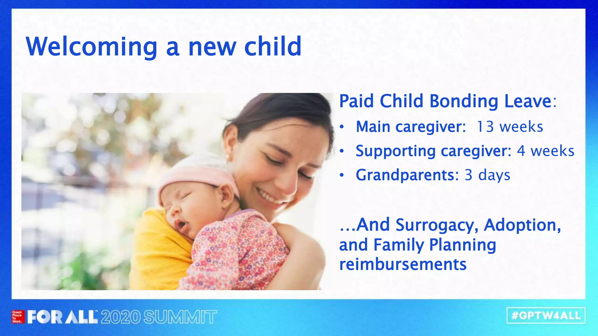 Welcoming a new child
Paid Child Bonding Leave:
• Main caregiver: 13 weeks
• Supporting caregiver: 4 weeks
• Grandparents: 3 days
…And Surrogacy, Adoption,
and Family Planning
reimbursements
 