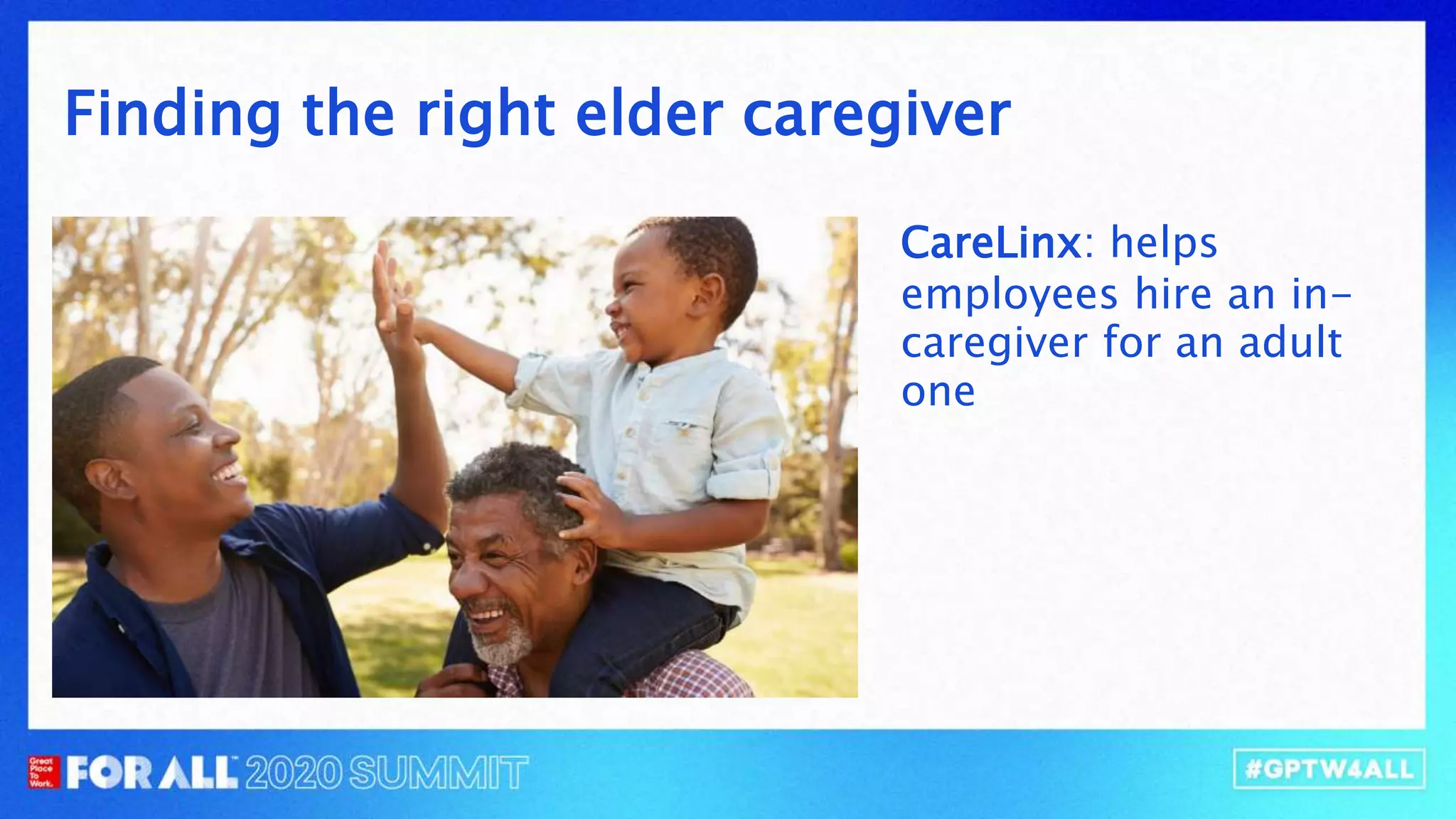 CareLinx: helps
employees hire an in-
caregiver for an adult
one
Finding the right elder caregiver
 