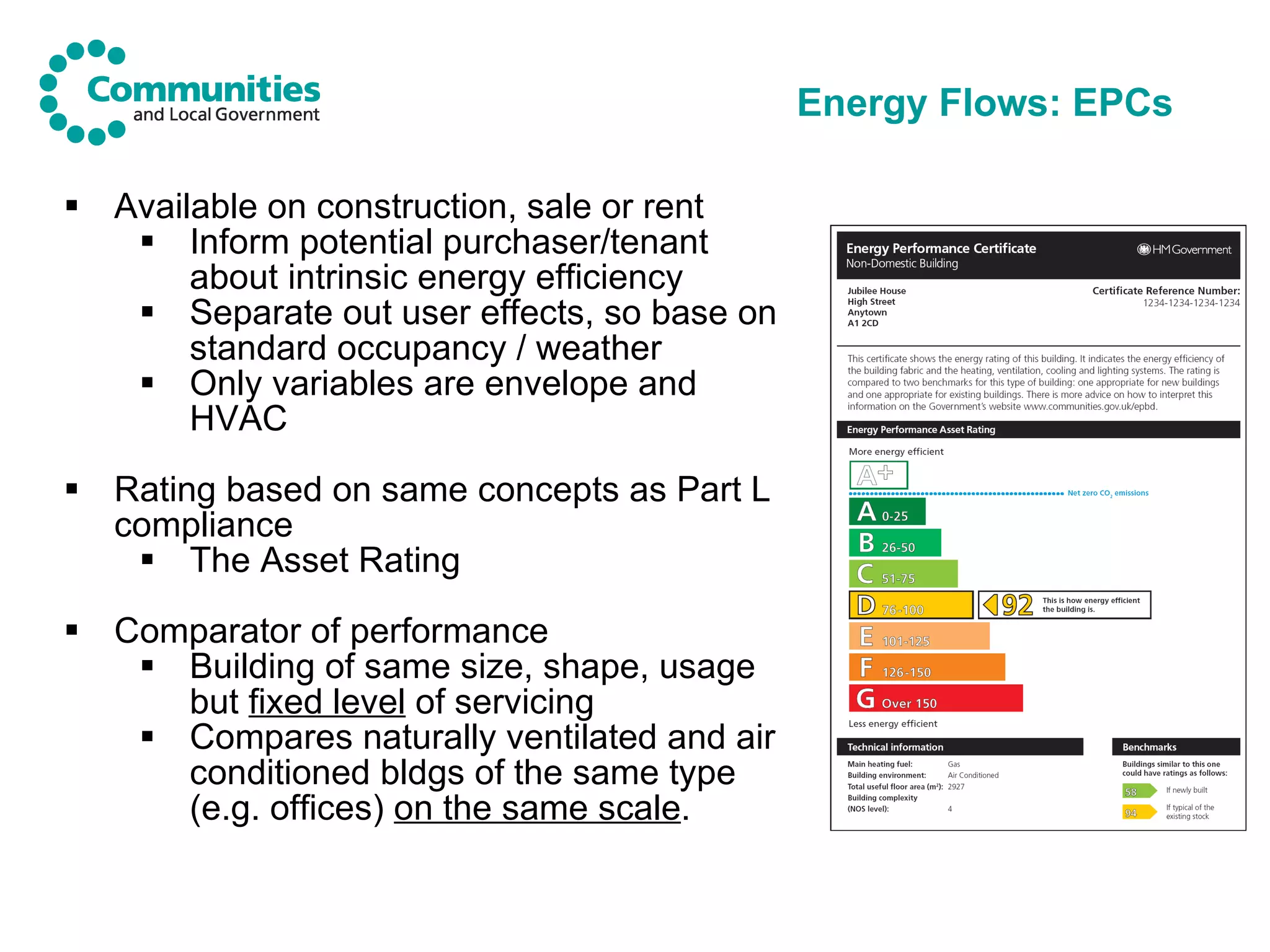 Energy Flows: EPCs Available on construction, sale or rent Inform potential purchaser/tenant about intrinsic energy efficiency Separate out user effects, so base on standard occupancy / weather Only variables are envelope and HVAC Rating based on same concepts as Part L compliance  The Asset Rating Comparator of performance Building of same size, shape, usage but  fixed level  of servicing Compares naturally ventilated and air conditioned bldgs of the same type (e.g. offices)  on the same scale . 