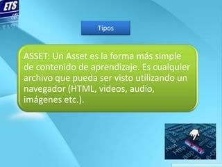 Tipos


ASSET: Un Asset es la forma más simple
de contenido de aprendizaje. Es cualquier
archivo que pueda ser visto utilizando un
navegador (HTML, videos, audio,
imágenes etc.).
 