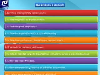 Qué detiene al e-Learning?


1.Estructura organizacional y tradicionalismo.


2. La falta de ejemplos de mejores prácticas.


3. La falta de soporte y experiencia.


4. La falta de comprensión y visión acerca del e-Learning.


5. La falta de recurso humano y aceptación por parte del usuario.


6. Organizaciones y procesos tradicionales.


7. La falta de habilidad por parte de profesores e instructores, aunada a una actitud negativa.


8. Falta de acciones estratégicas.


9. Falta de entrenamiento y soporte a los profesores e instructores.
 