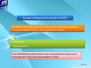 Acceso al Repositorio desde el SICEC

Los índices de contenido de los cursos y los contenidos se podrán
recuperar desde el SICEC si la necesidad de un LMS:



• Búsqueda
• Recuperación


 Esta flexibilidad proporcionará a los instructores el acceso a los
 manuales de instrucción para impartir cursos
 