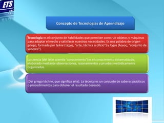 Tecnología es el conjunto de habilidades que permiten construir objetos y máquinas
para adaptar el medio y satisfacer nuestras necesidades. Es una palabra de origen
griego, formada por tekne (τεχνη, "arte, técnica u oficio") y logos (λογος, "conjunto de
saberes").


La ciencia (del latín scientia 'conocimiento') es el conocimiento sistematizado,
elaborado mediante observaciones, razonamientos y pruebas metódicamente
organizadas.



(Del griego téchne, que significa arte). La técnica es un conjunto de saberes prácticos
o procedimientos para obtener el resultado deseado.
 