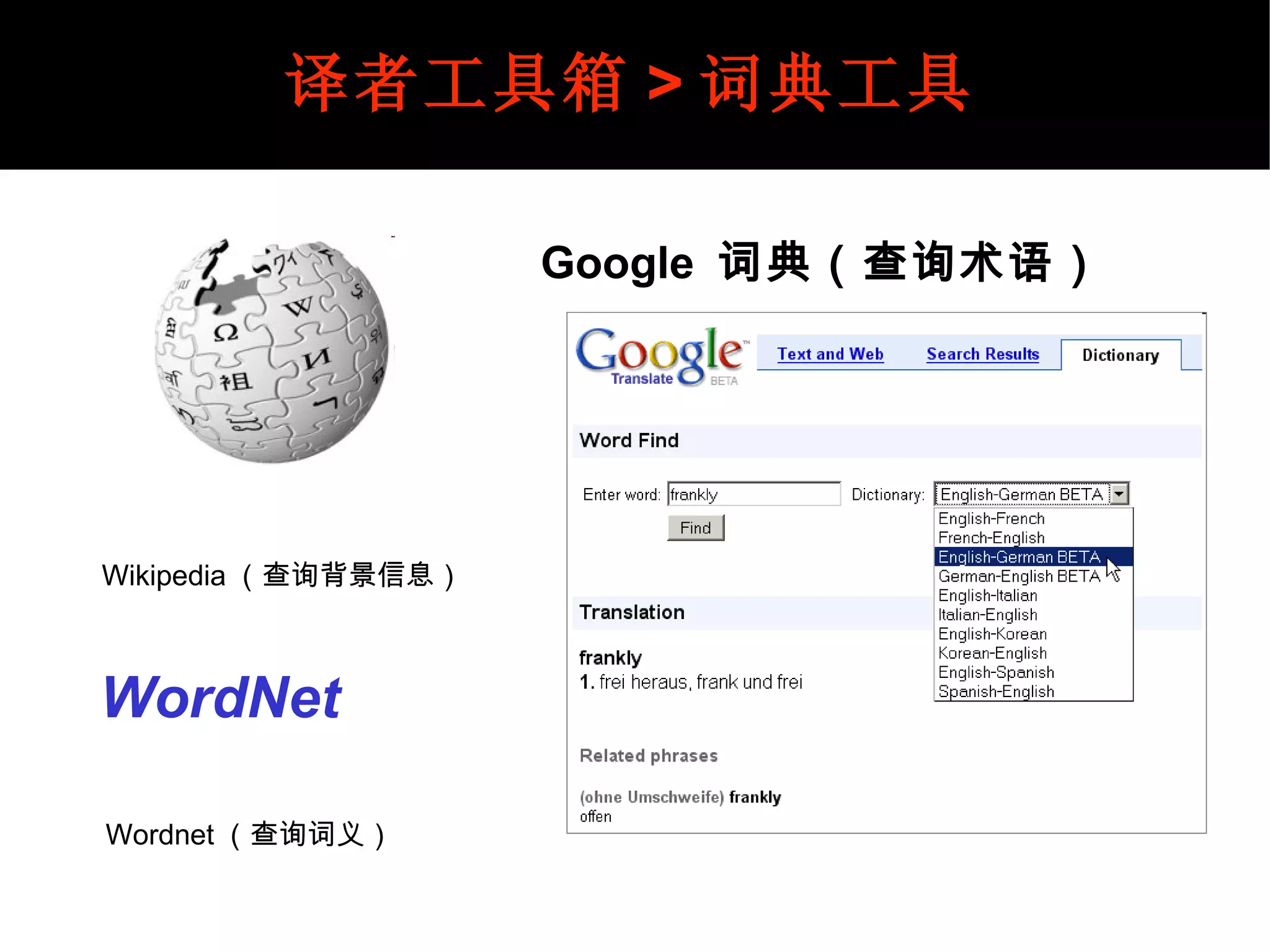 译者工具箱 > 词典工具 http://www.google.com/dictionary http://wordnet.princeton.edu/ WordNet Wordnet （查询词义） Wikipedia （查询背景信息） Wikipedia.org Google  词典（查询术语） 